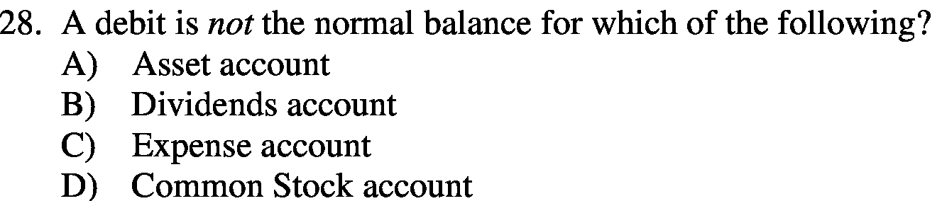  28. A debit is not the normal balance for which of