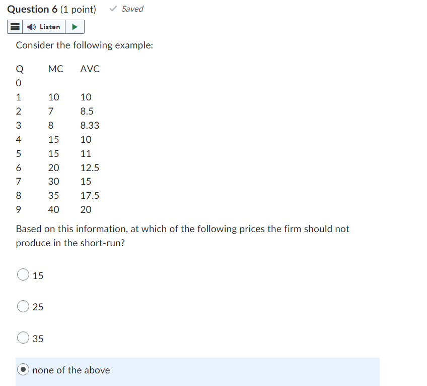  Question 6 (1 point) Saved E () Listen Consider the following