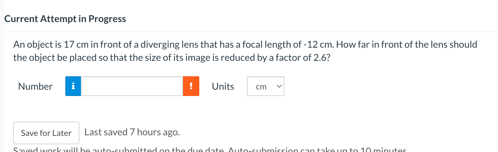 of a diverging lens that has a focal length of -12 cm.