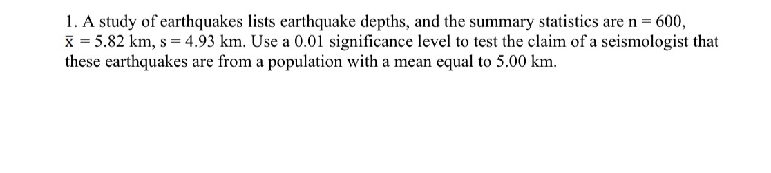 earthquakes lists earthquake depths, and the summary statistics are n = 600,