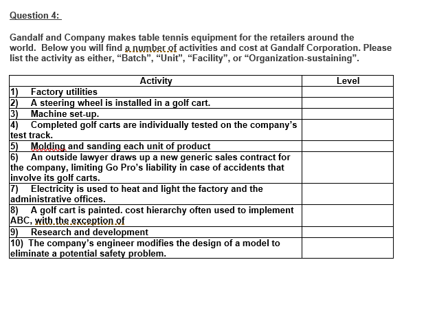 Question 4: Gandalf and Company makes table tennis equipment for the retailers