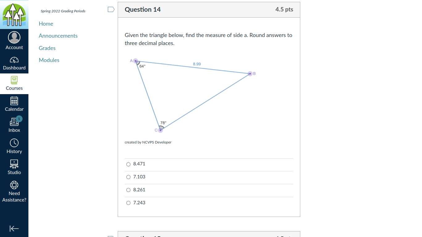 A Account Grades Modules Dashboard 5.92 Courses Calendar B 7.36 Inbox 7.14