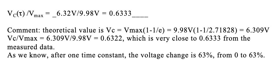  Vc(t) /Vmax = _6.32V/9.98V = 0.6333 Comment: theoretical value is Vc