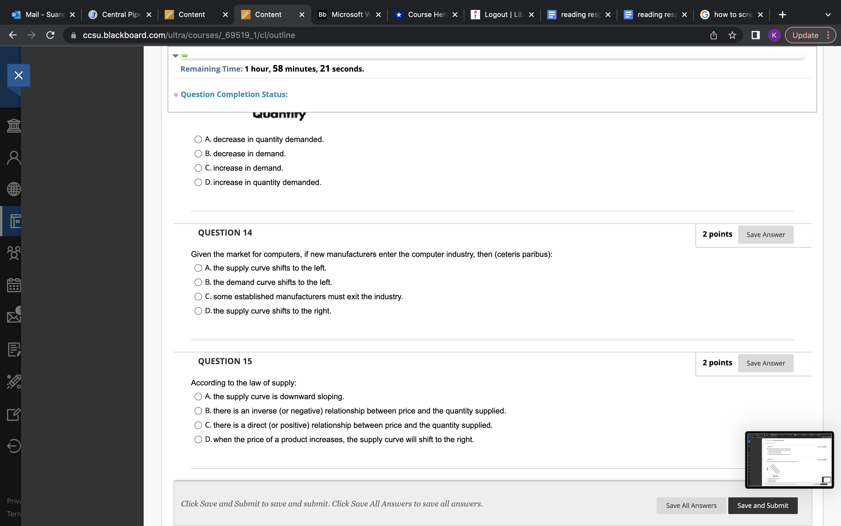 the benefit to his grades from studying for an hour O B.