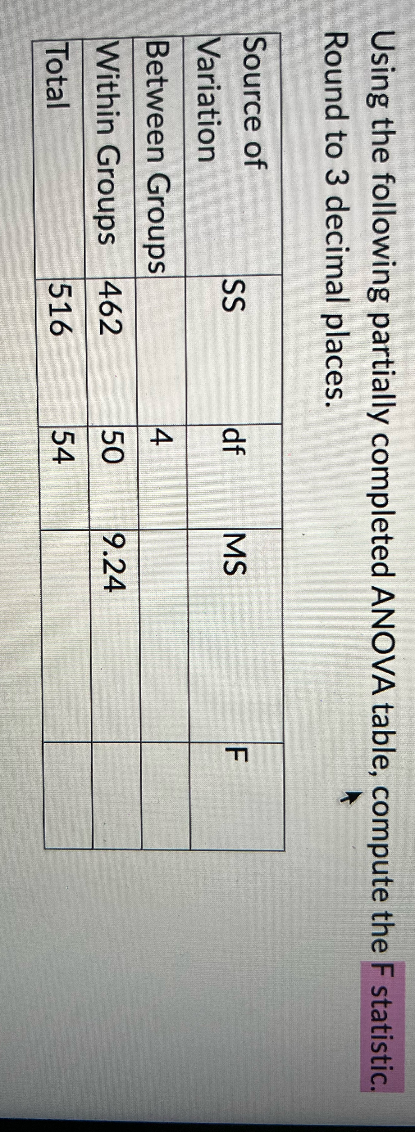 Using the following partially completed ANOVA table, compute the F statistic.
