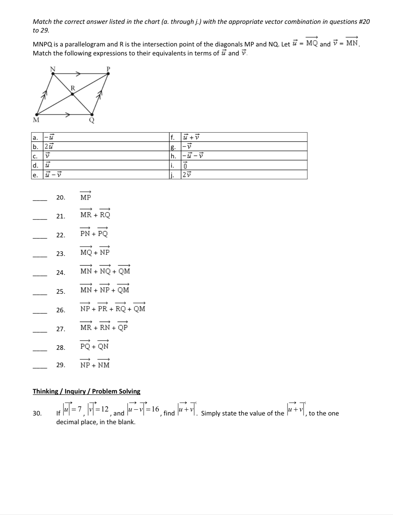 with the appropriate vector combination in questions #20 to 29. MNPQ is