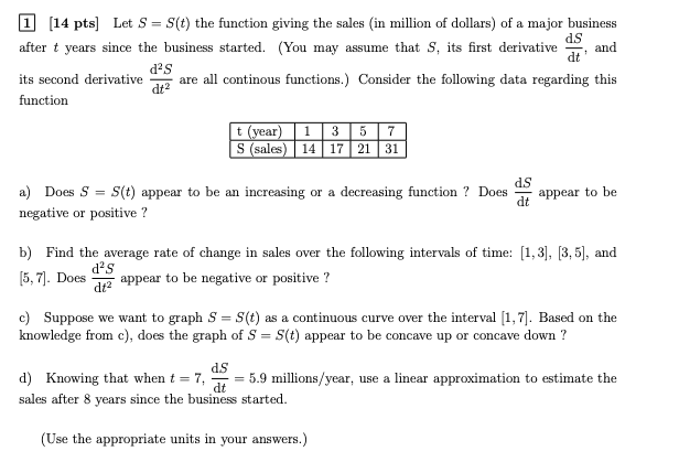  1 [14 pts] Let S = S(t) the function giving the