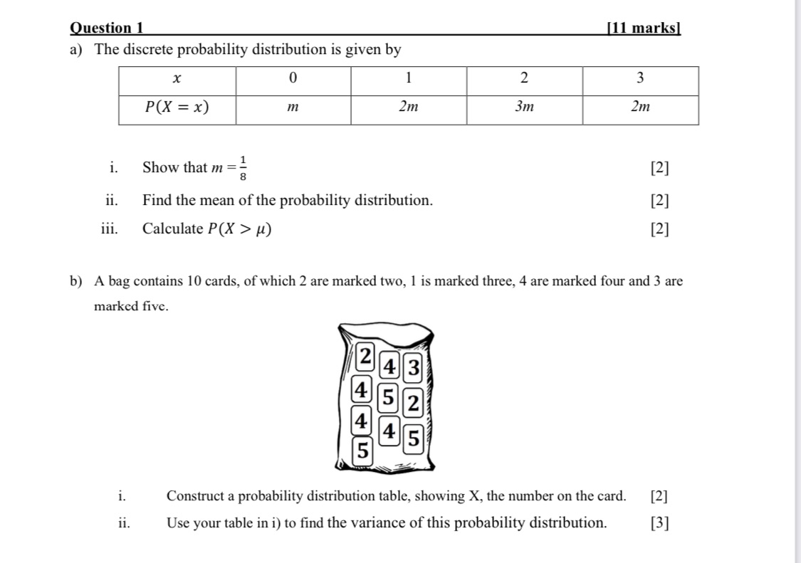 by X 0 1 2 3 P(X = x) m 2m 3m