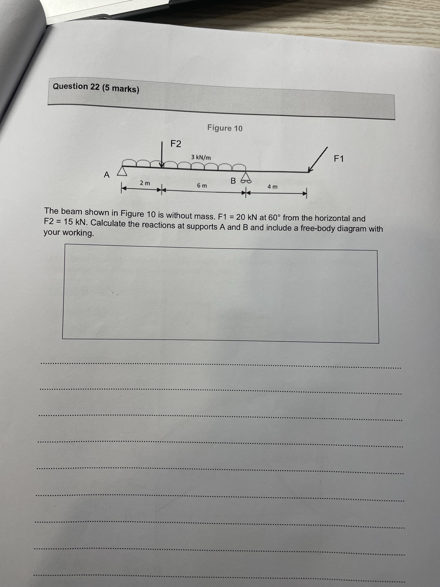 Question 22 (5 marks) Figure 10 3 kN/m Fl The beam shown