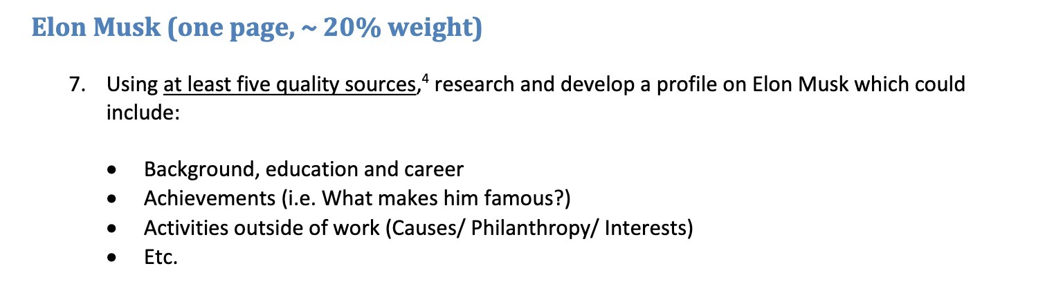 five guality sources,4 research and develop a profile on Elon Musk which