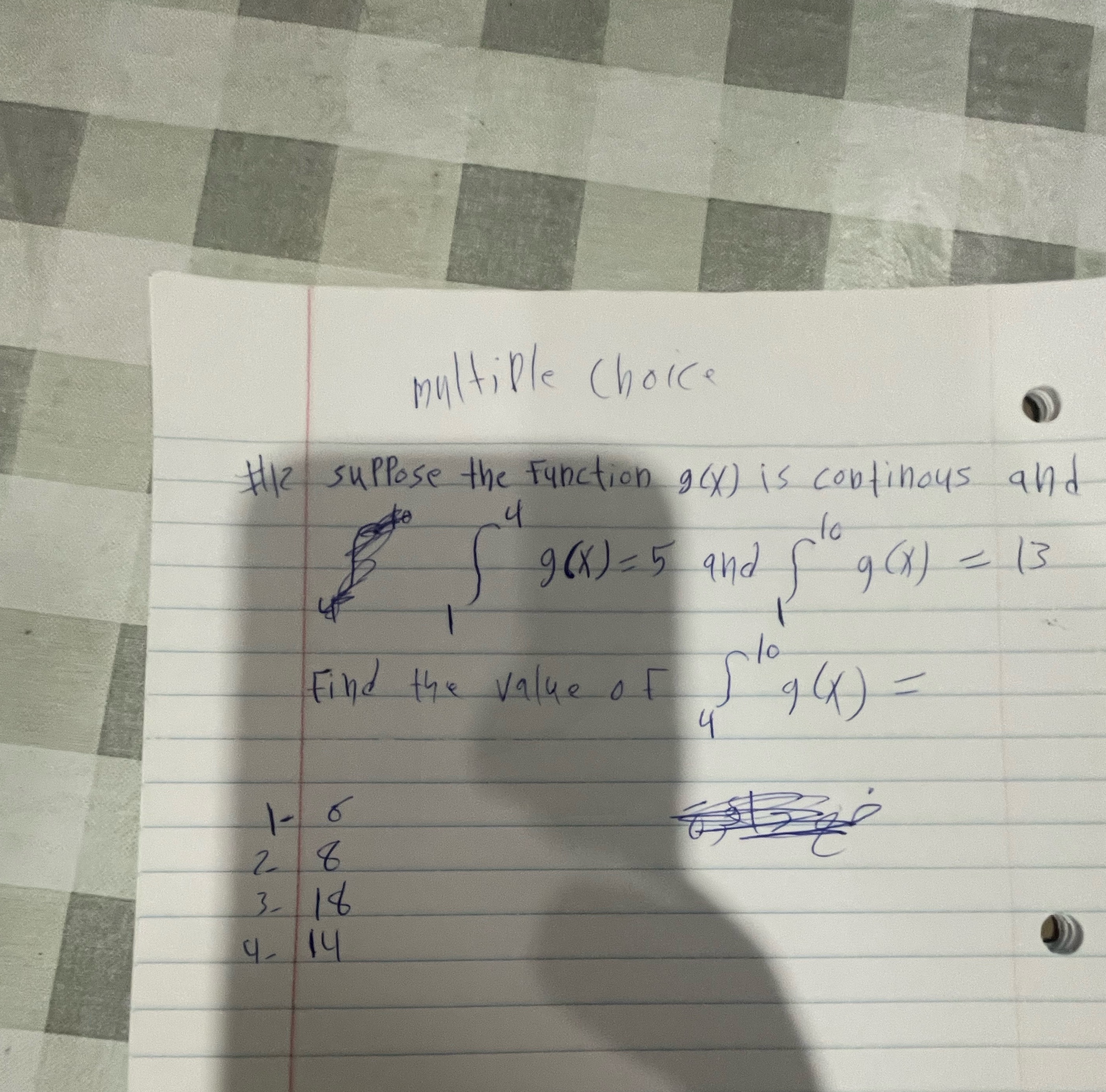  multiple choice He / suppose the Function g(x ) is continous