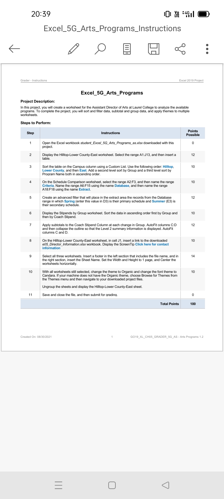  20:39 10' Ye $4911 0 Excel_5G_Arts_Programs_Instructions O . . . Grader
