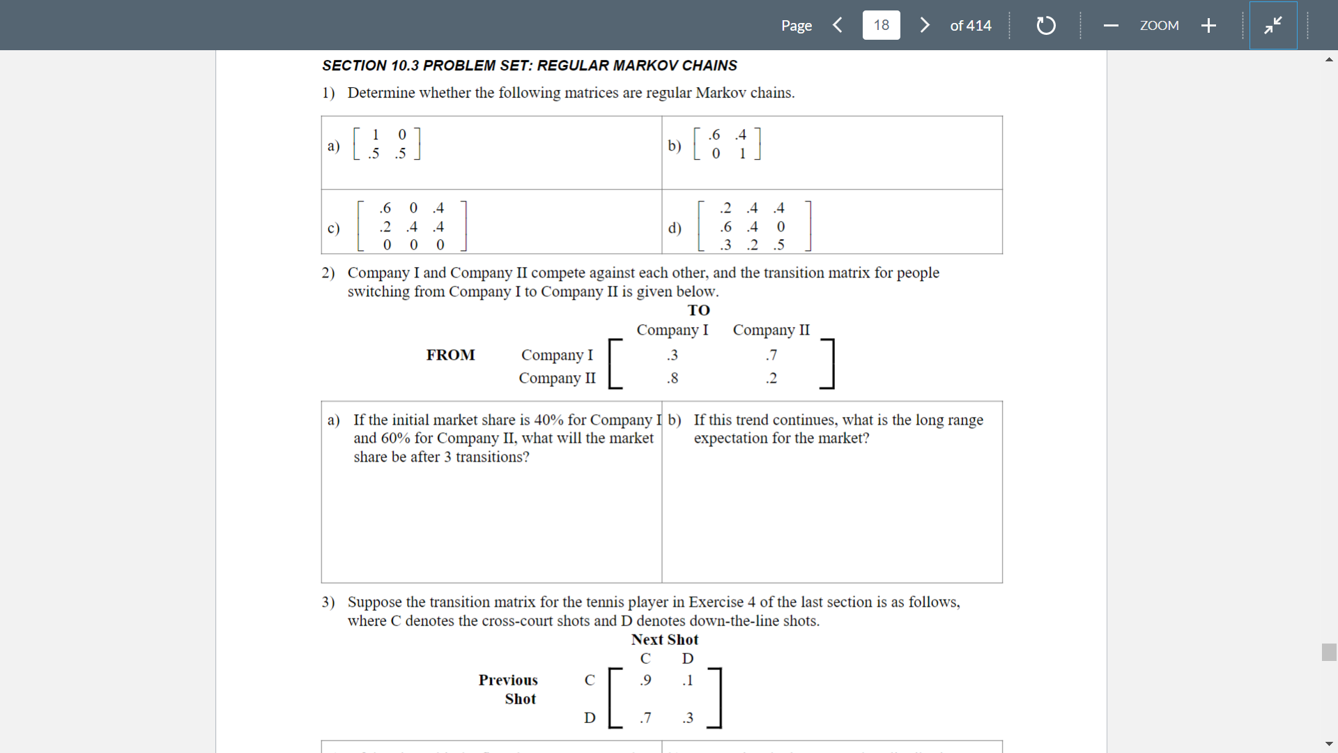  Page of414 O 200M + SECTION 10.3 PROBLEM SET: REGULAR MARKOV