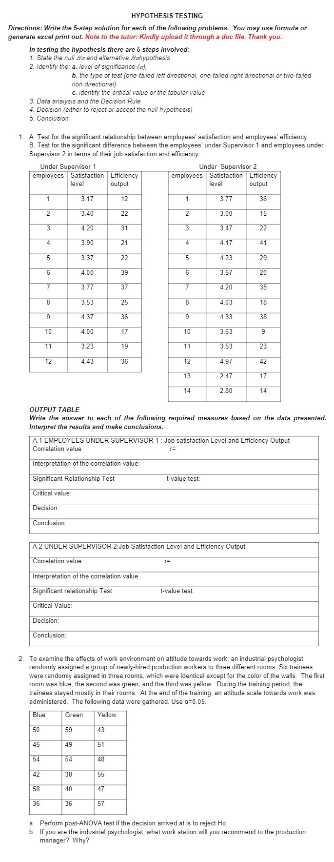 HYPOTHESIS TESTING Directions: Write the 5-step solution for each of the