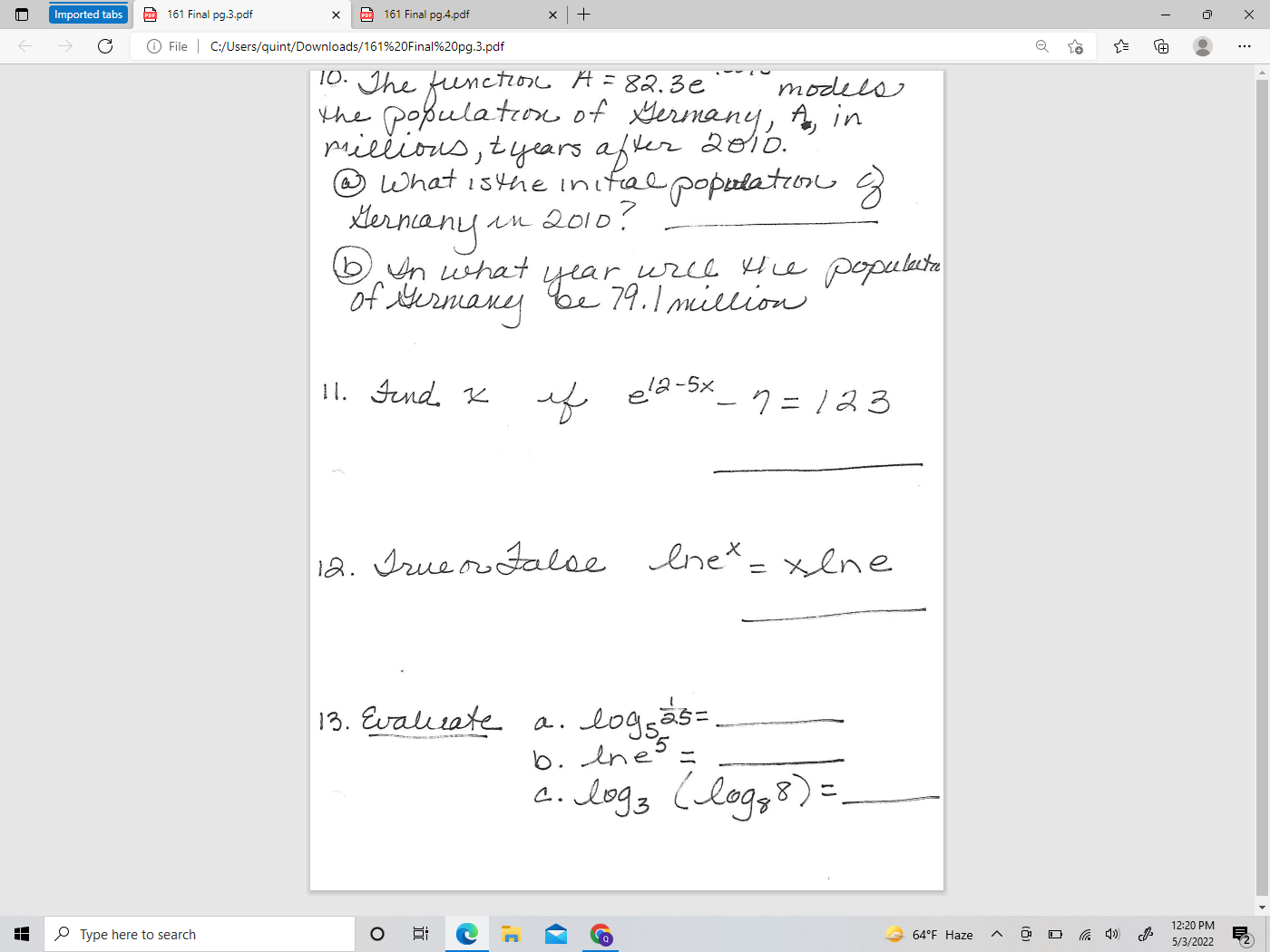 C File | C:/Users/quint/Downloads/161%20Final620Pg.%201.pdf Q ... Just # 4 Sections 2.7, 4.1-