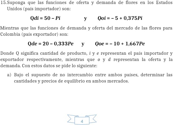 Estados Unidos (pais importador) son: Qdi = 50 -Pi Y Qoi= -5
