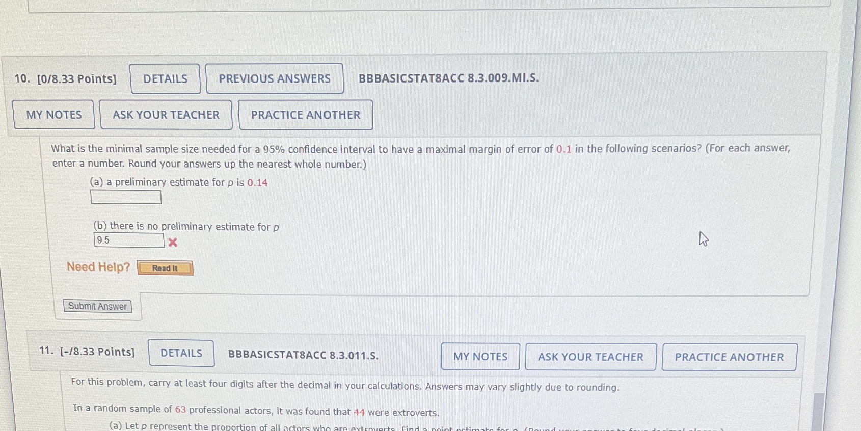  10. [0/8.33 Points] DETAILS PREVIOUS ANSWERS BBBASICSTAT8ACC 8.3.009.MI.S. MY NOTES ASK