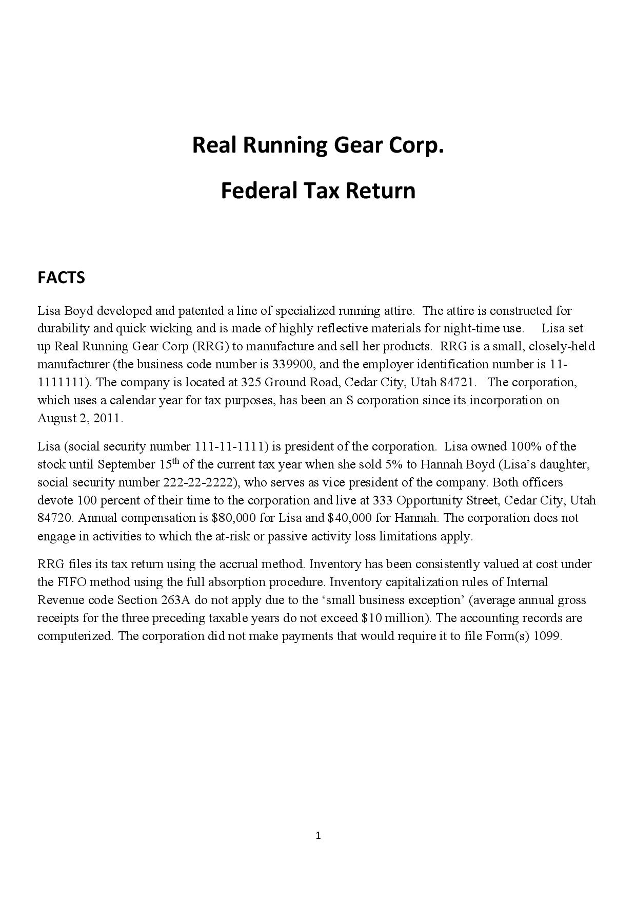 Real Running Gear Corp. Federal Tax Return FACTS Lisa Boyd developed and
