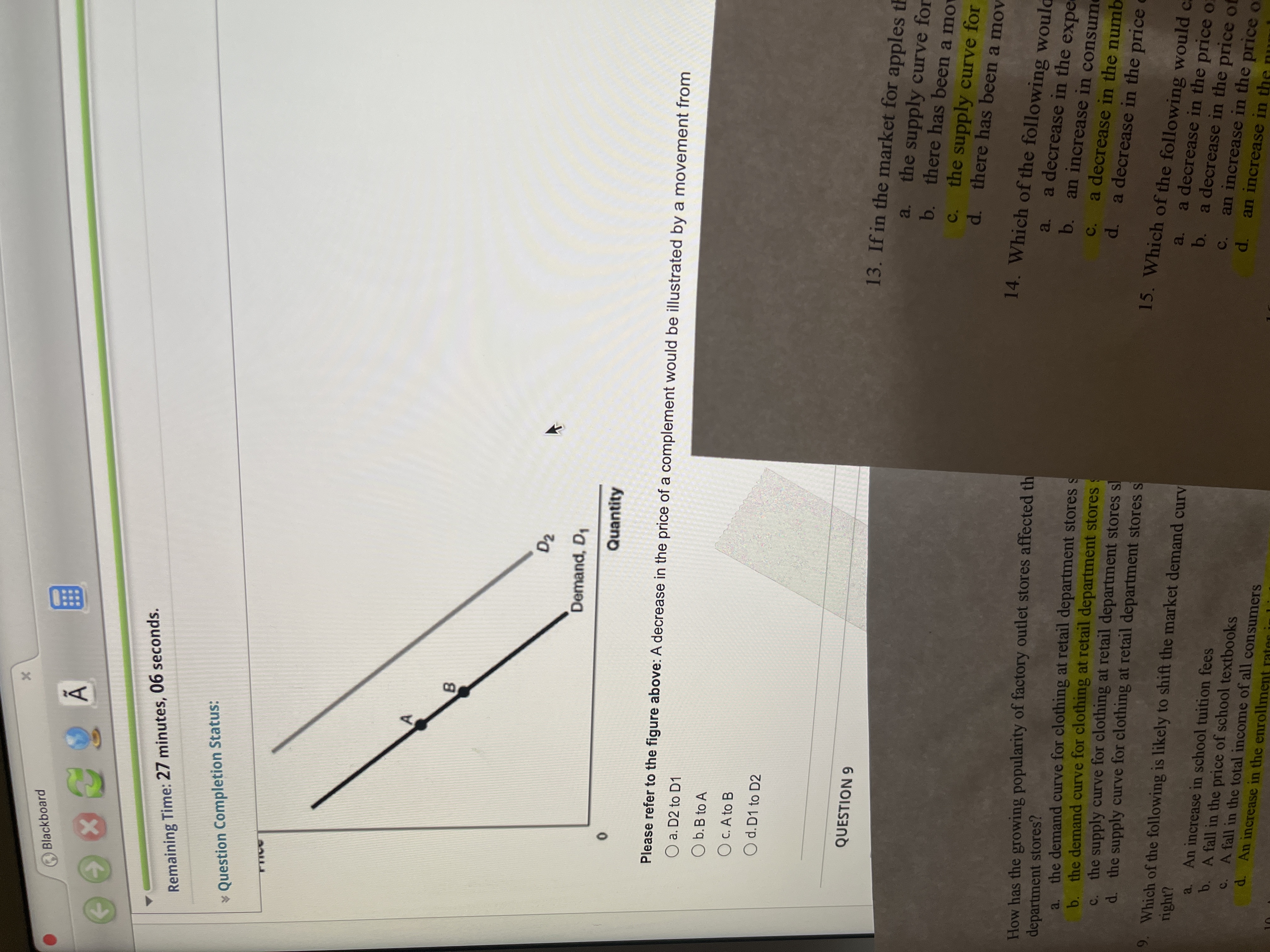 Blackboard Remaining Time: 27 minutes, 06 seconds. * Question Completion Status: