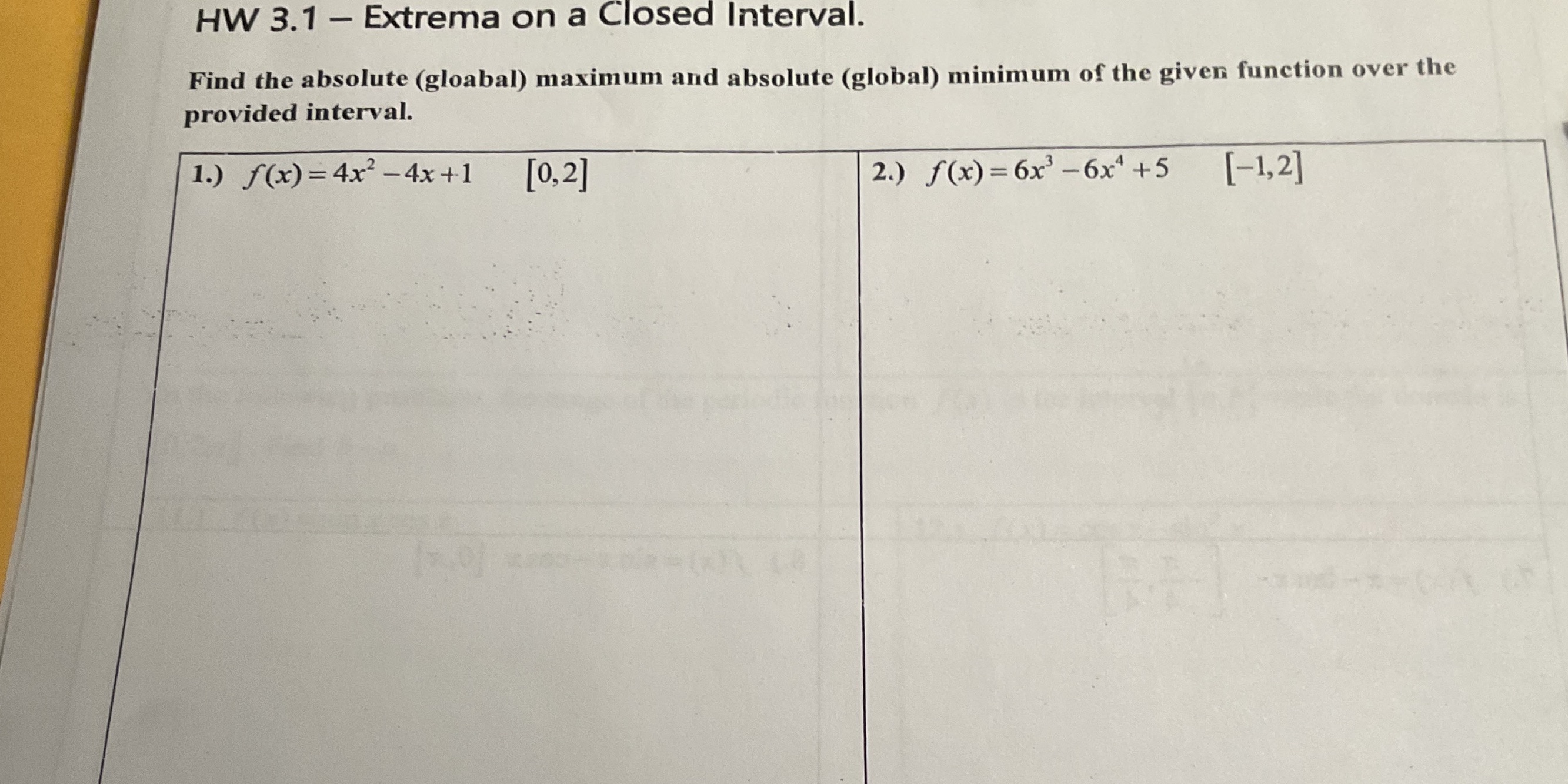 HW 3.1 Extrema on a Closed Interval. Find the absolute (gloabal) maximum