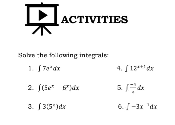 - xACTIVITIES Solve the following: 1. Evaluate S x5dx 2. Evaluate S