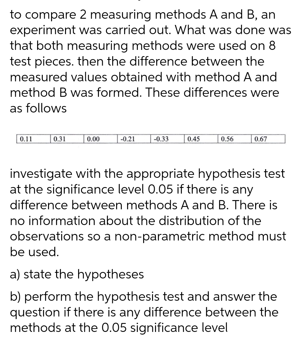 to compare 2 measuring methods A and B, an experiment was