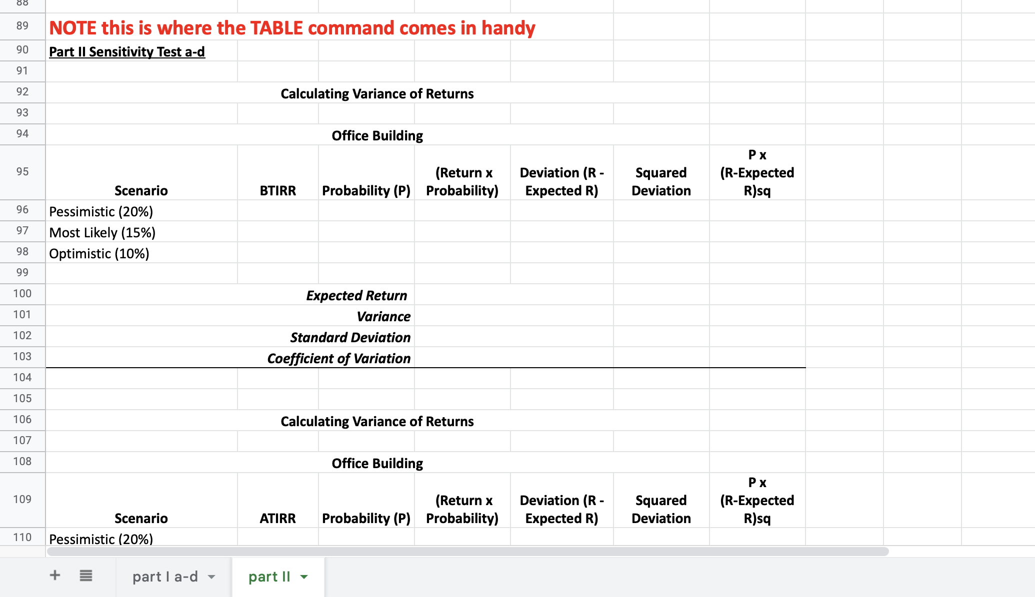 90 Part II Sensitivity Test a-d 91 92 Calculating Variance of Returns