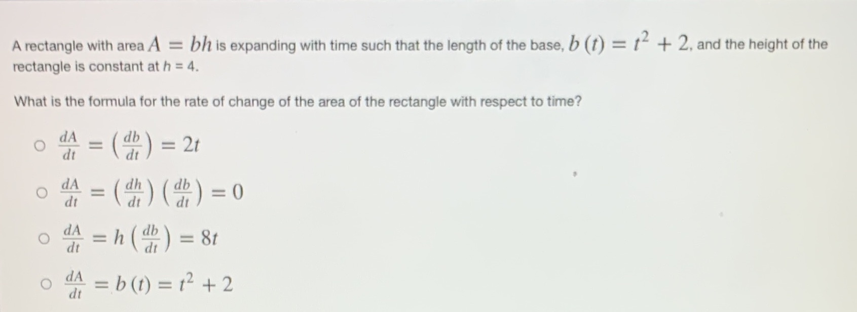  A rectangle with area A = bh is expanding with time