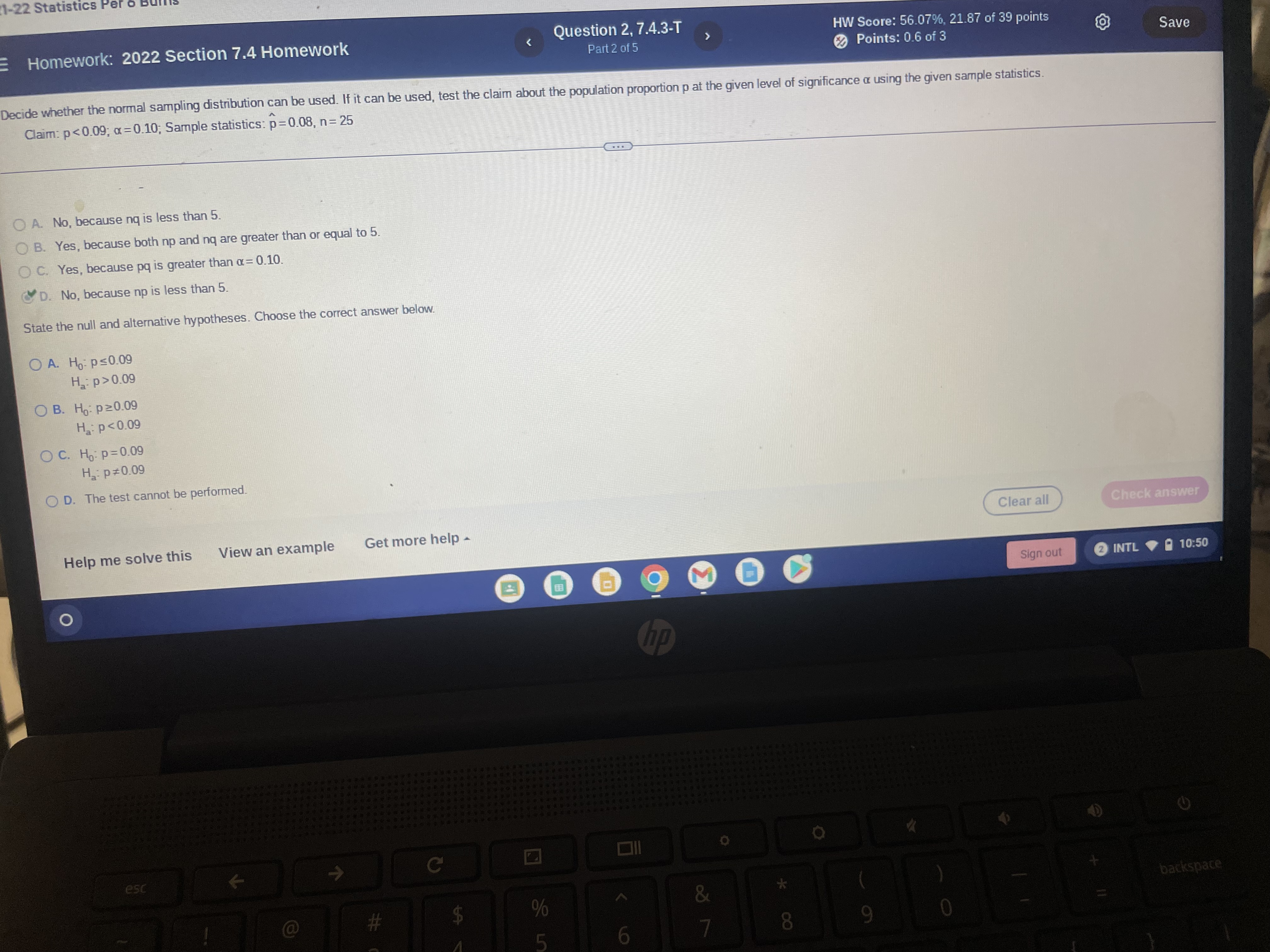 1-22 Statistics P Homework: 2022 Section 7.4 Homework Question 2, 7.4.3-T