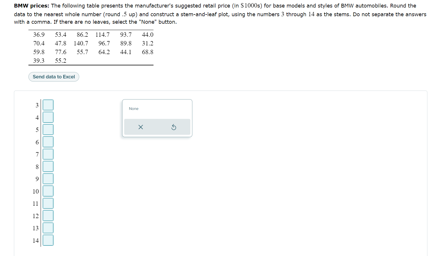 leaf represents the hundredths digit. Do not separate the answers with a