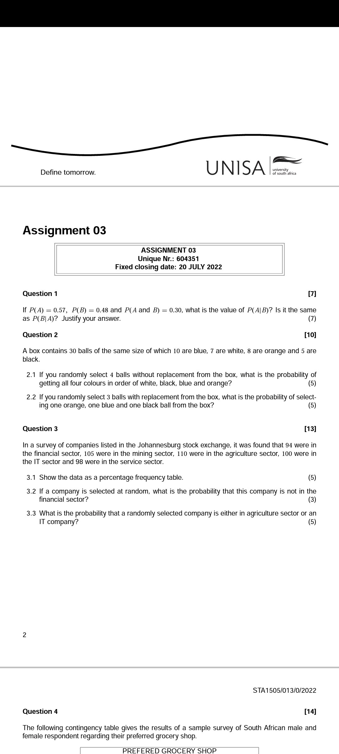 \\ Sili'am Assignment O3 ASSIGNMENT 03 Unique Nr.: 604351 Fixed closing date: