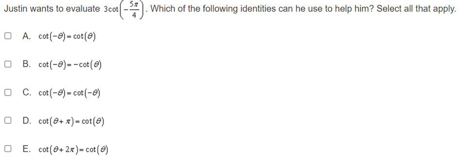 = cot(@) O E. cot (@+ 2x )= cot(@)The graph of which