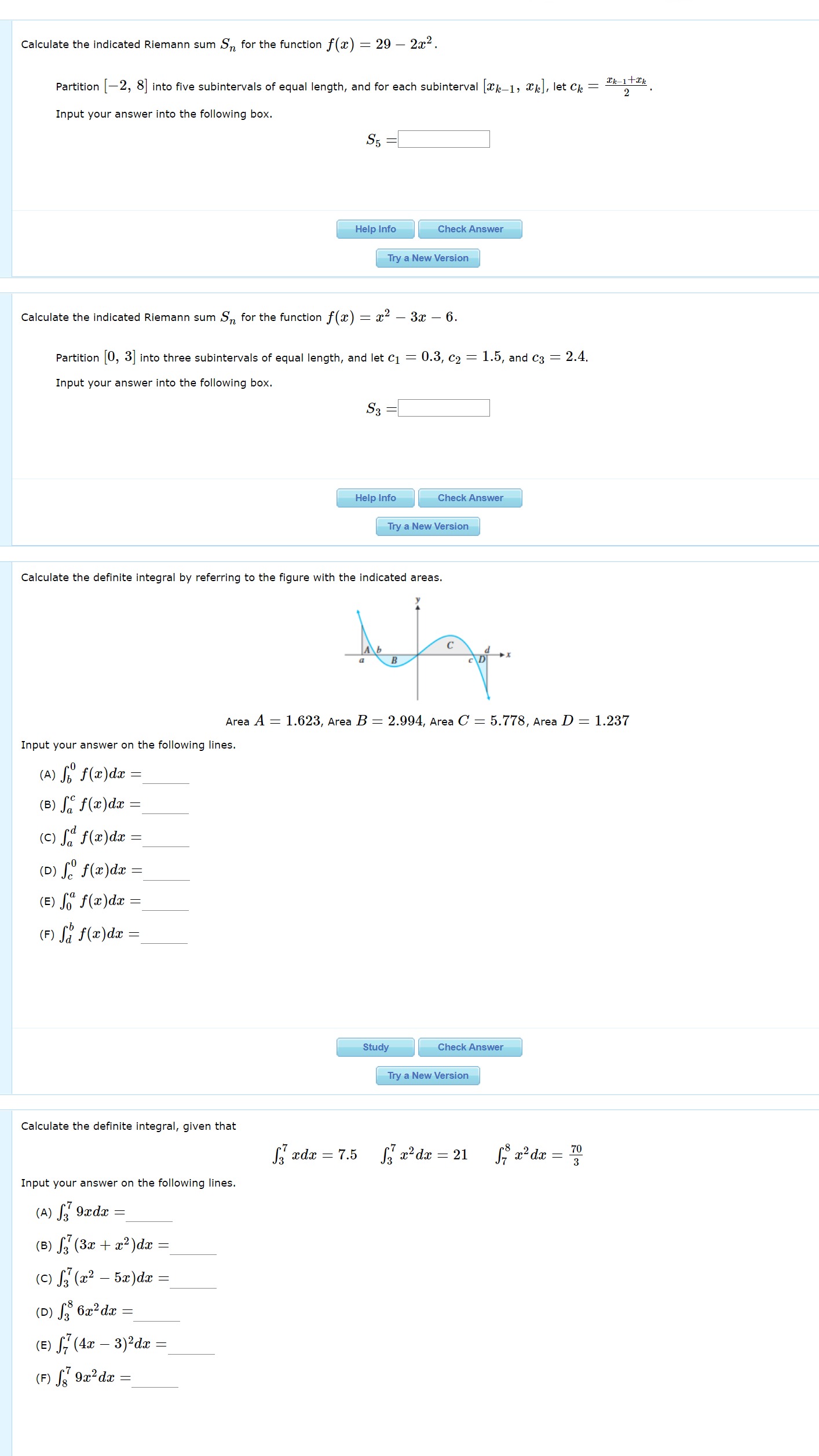  Calculate the indicated Riemann sum Sn for the function f(a_':) :