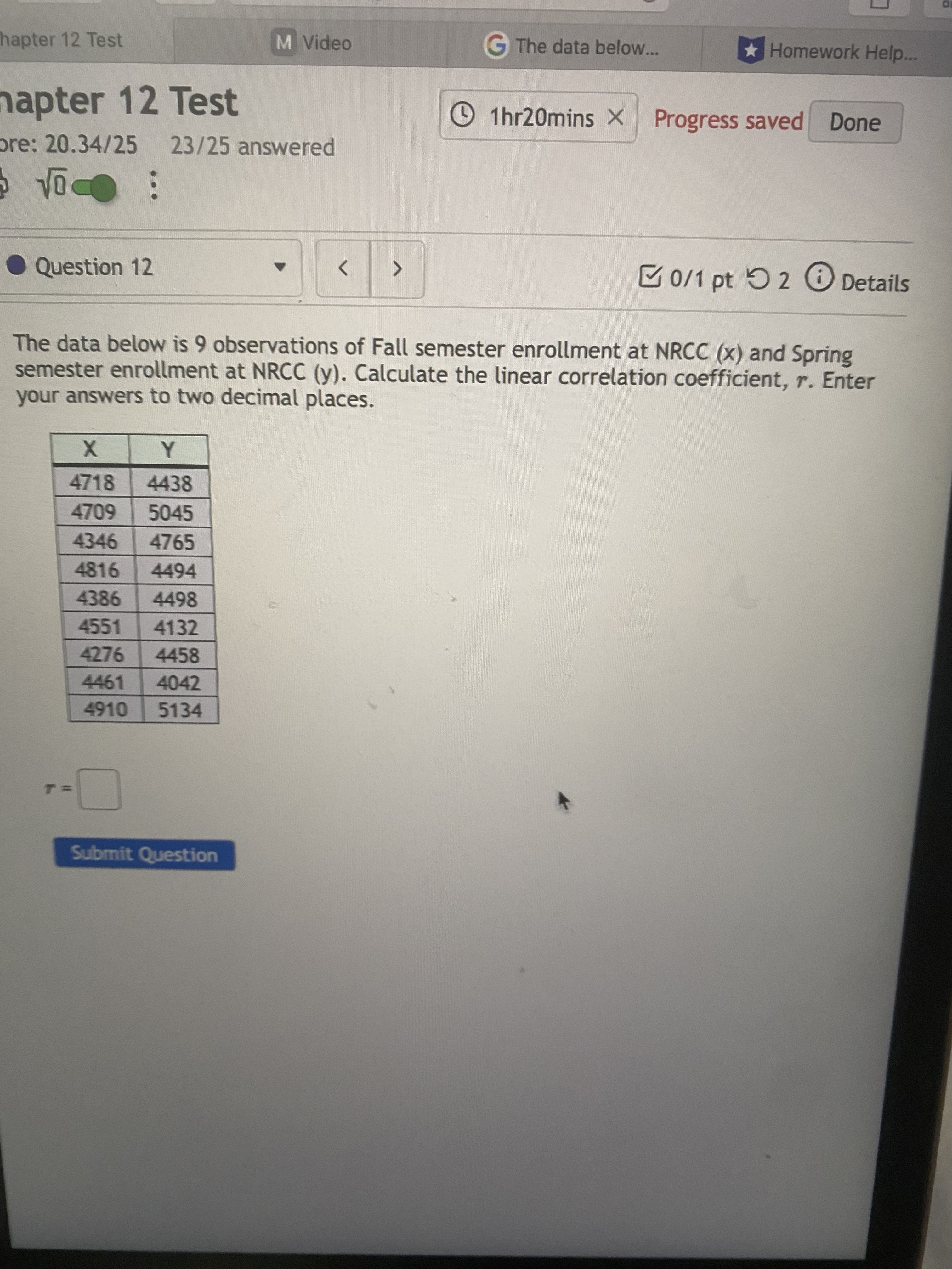  hapter 12 Test M Video G The data below. Homework Help...
