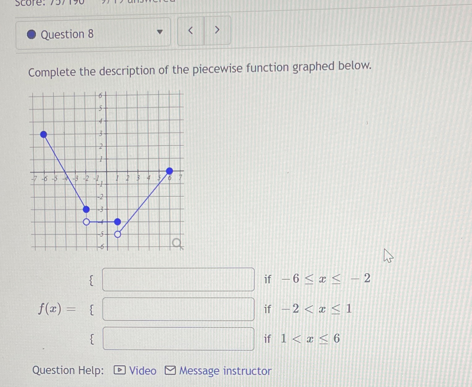 Score. Question 8 Complete the description of the piecewise function graphed