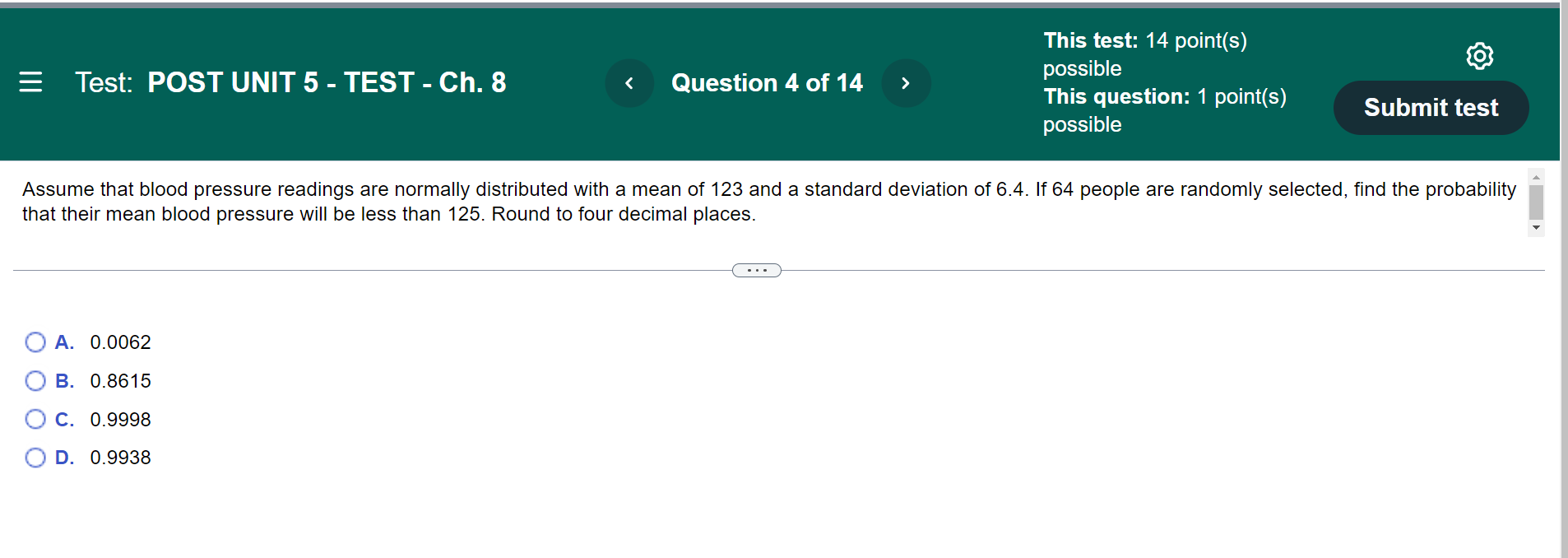14 of 14 This test: 14 point(s) possible This question: 1 point(s)