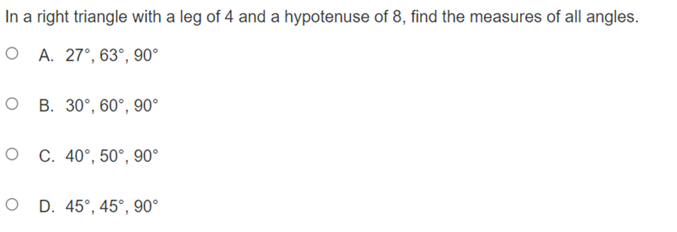 with a leg of 4 and a hypotenuse of 8, find the