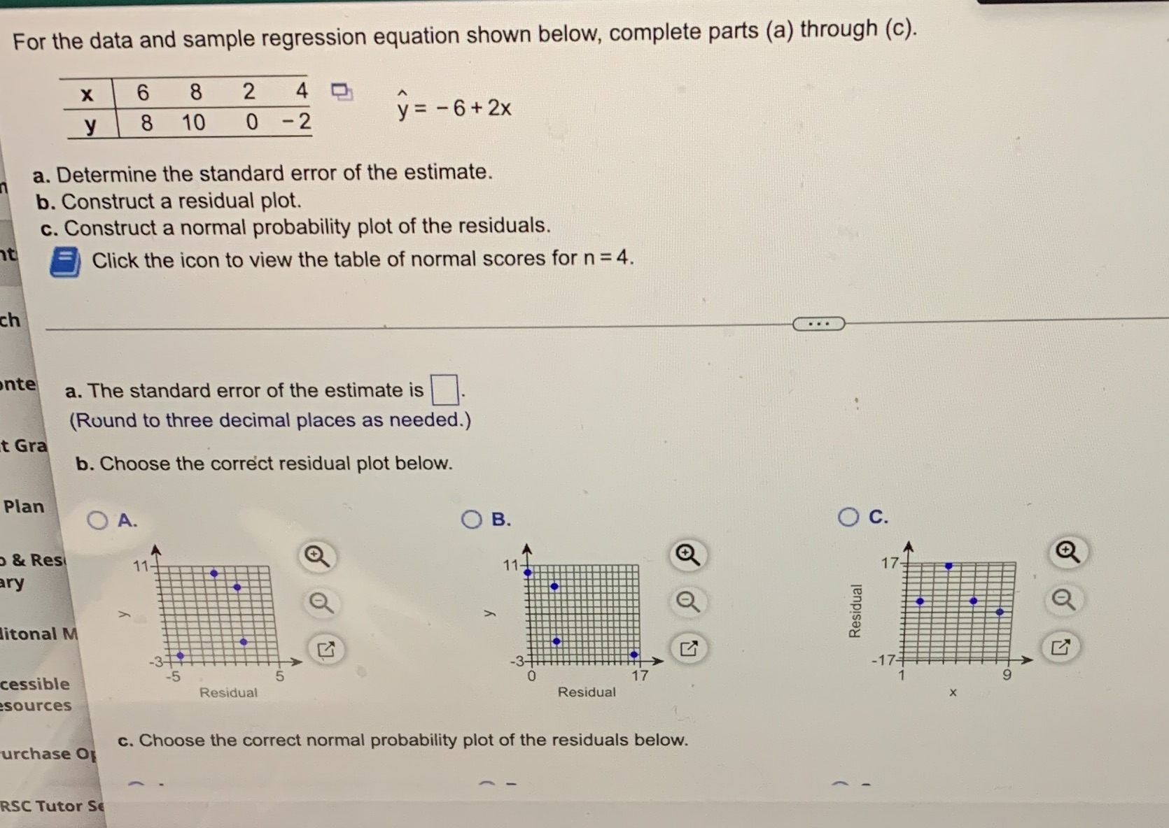  For the data and sample regression equation shown below, complete parts