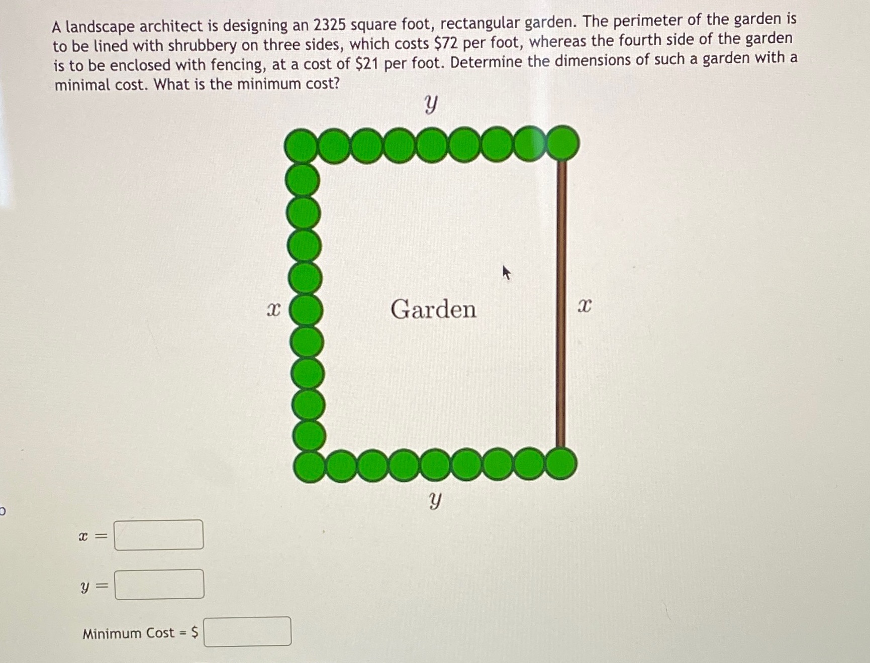 A landscape architect is designing an 2325 square foot, rectangular garden.