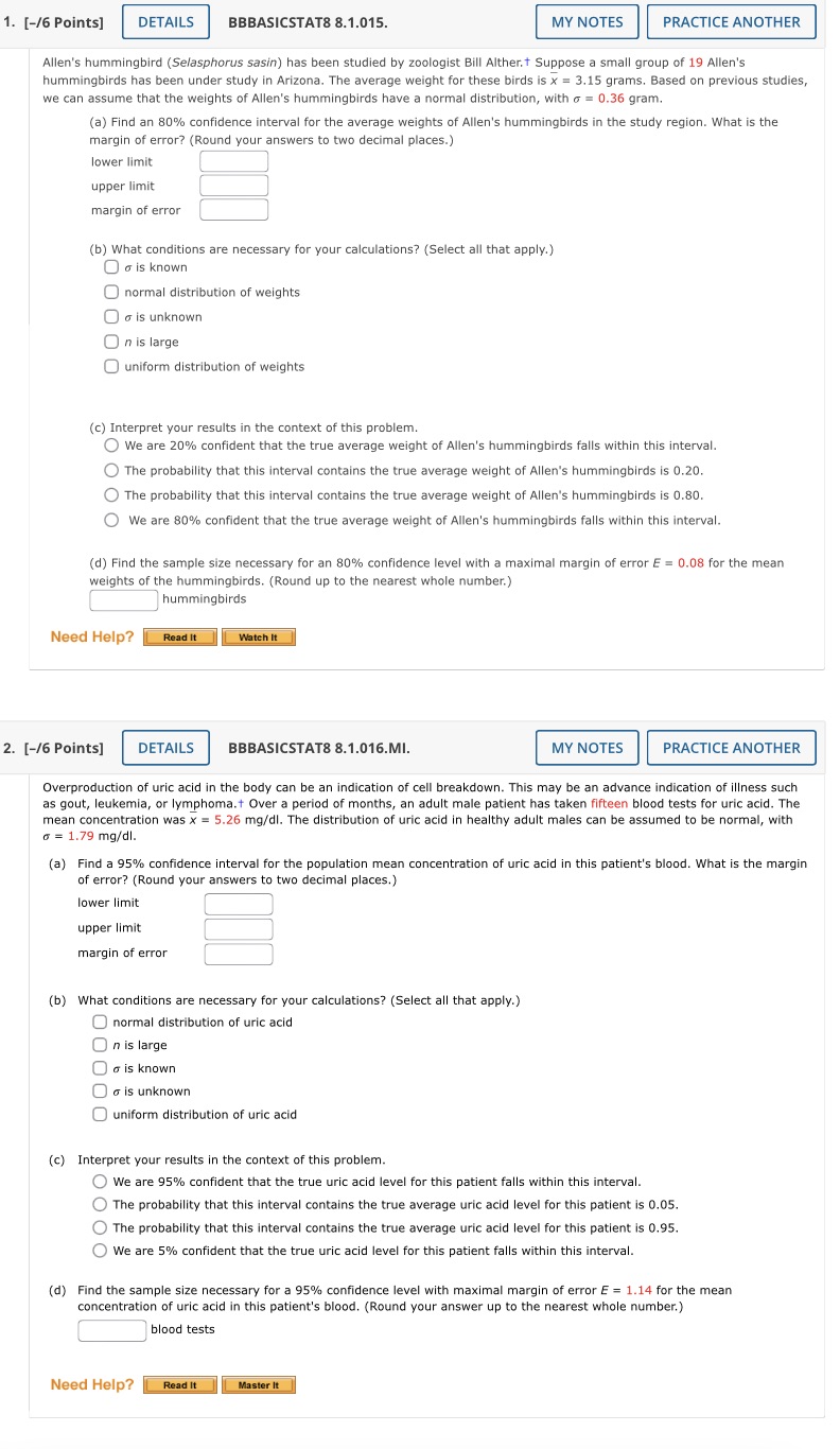  1 & 2 please 1. [-/6 Points] DETAILS BBBASICSTAT8 8.1.015. MY