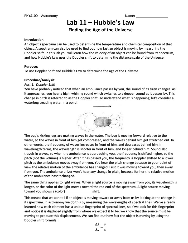 PHY5100 - Astronomy Mame: Lab 11 - Hubble's Law Finding the