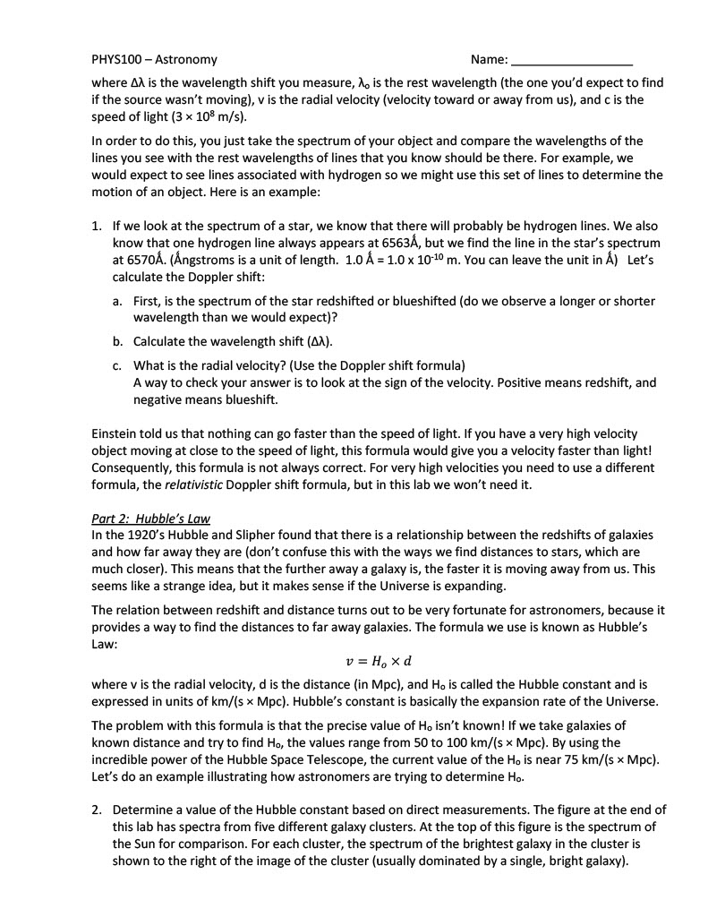 determine the age of the Universe. Procedure/Analysis: Part 1: Doppler Shi You