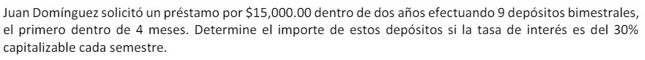 9 dep6sitos bimestrales, el primero dentro de 4 meses. Determine el importe