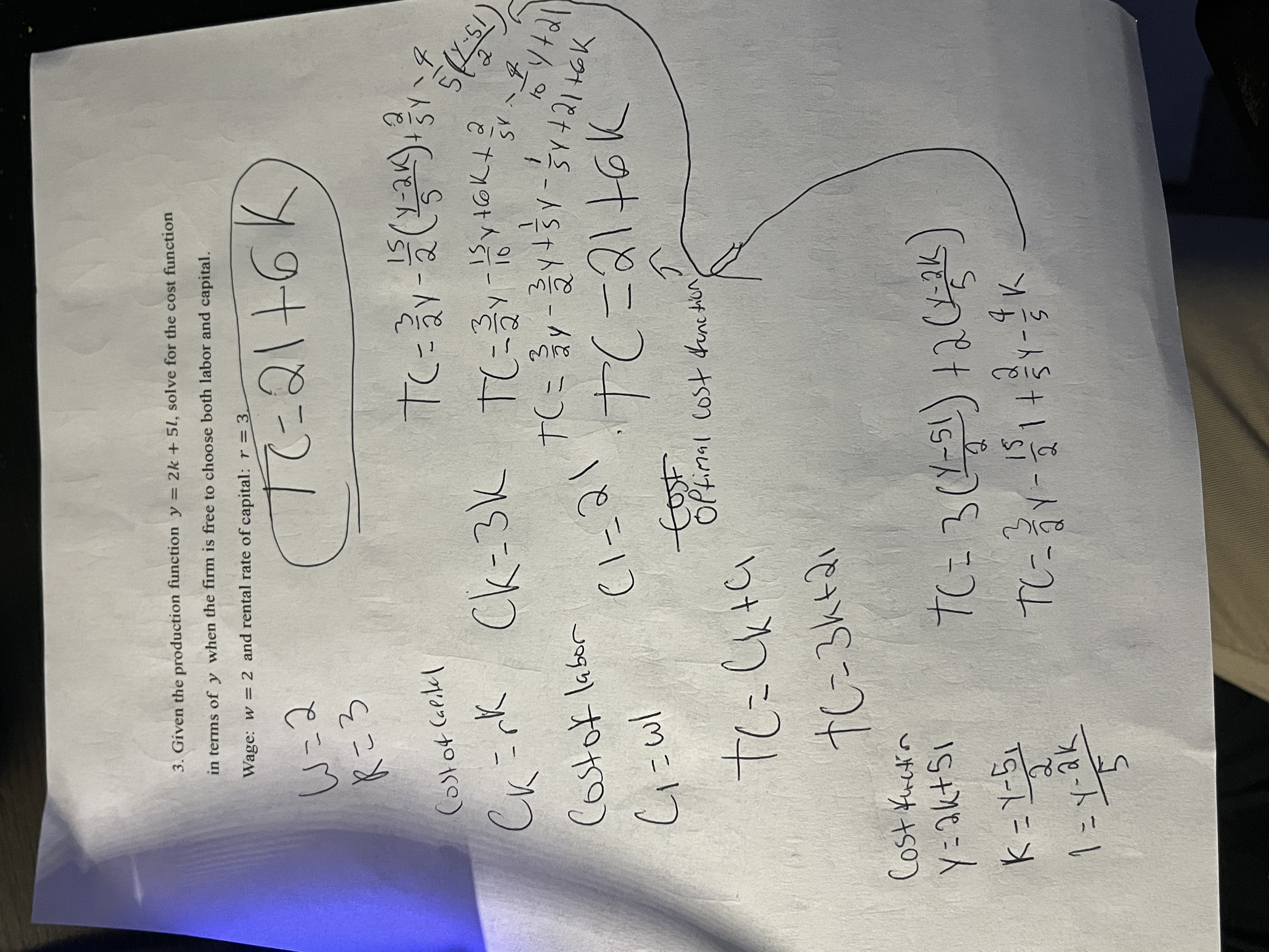  3. Given the production function y = 2k + 51, solve