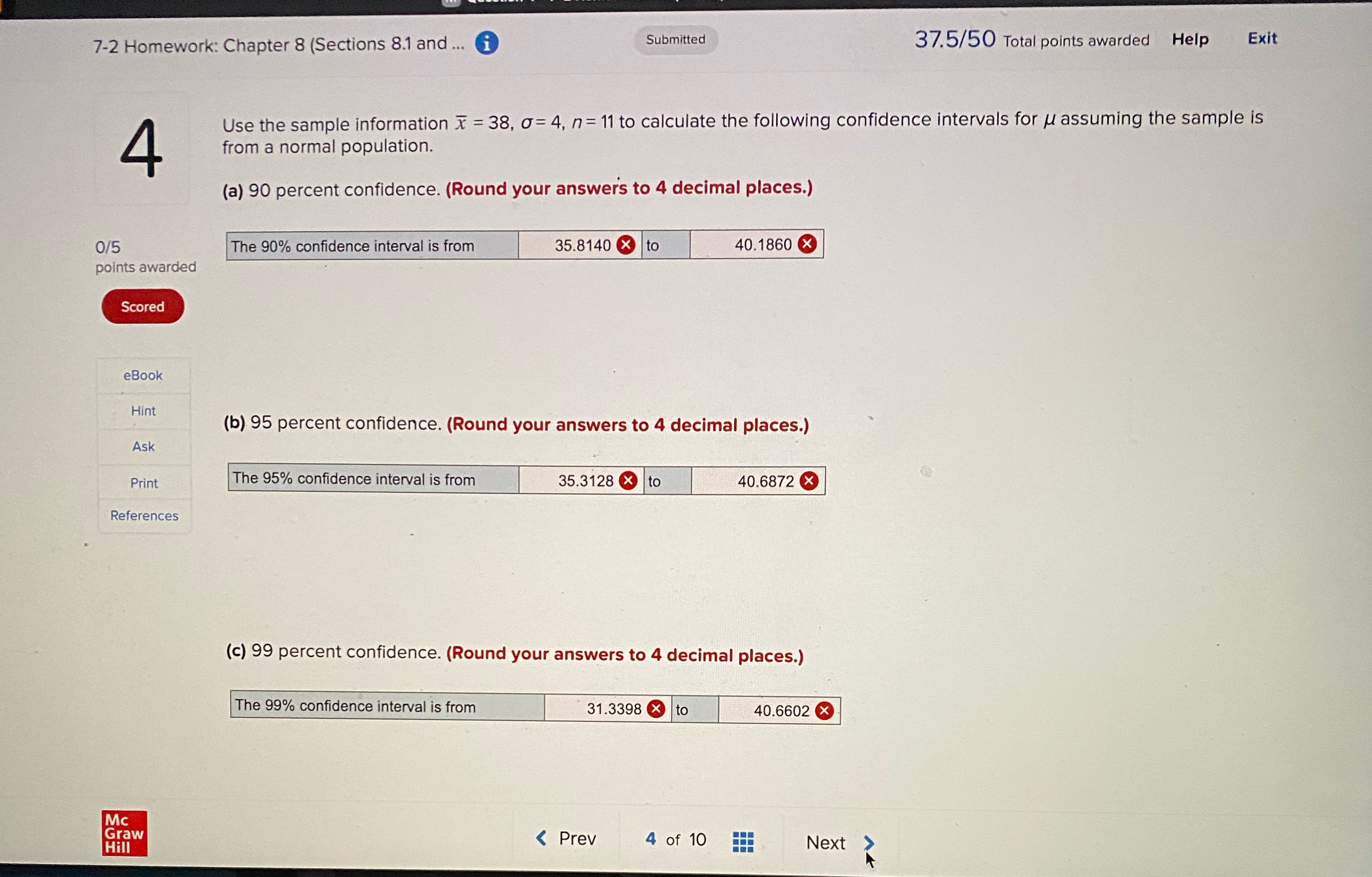  7-2 Homework: Chapter 8 (Sections 8.1 and ... i Submitted 37.5/50