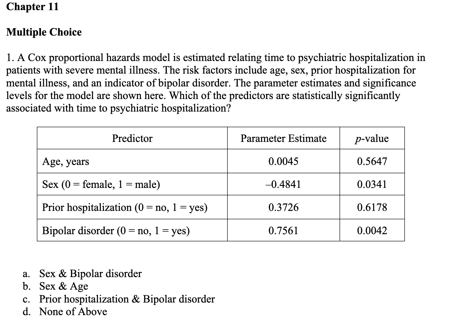  Chapter 11 Multiple Choice 1. A Cox proportional hazards model is