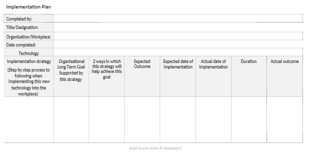 Implementation Plan Completed by: Title/Designation: Organisation/Workplace Date completed: Technology Implementation strategy