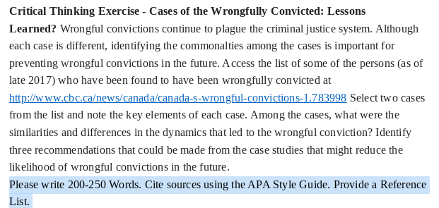  Critical Thinking Exercise - Cases of the Wrongfully Convicied: Lessons Learned?