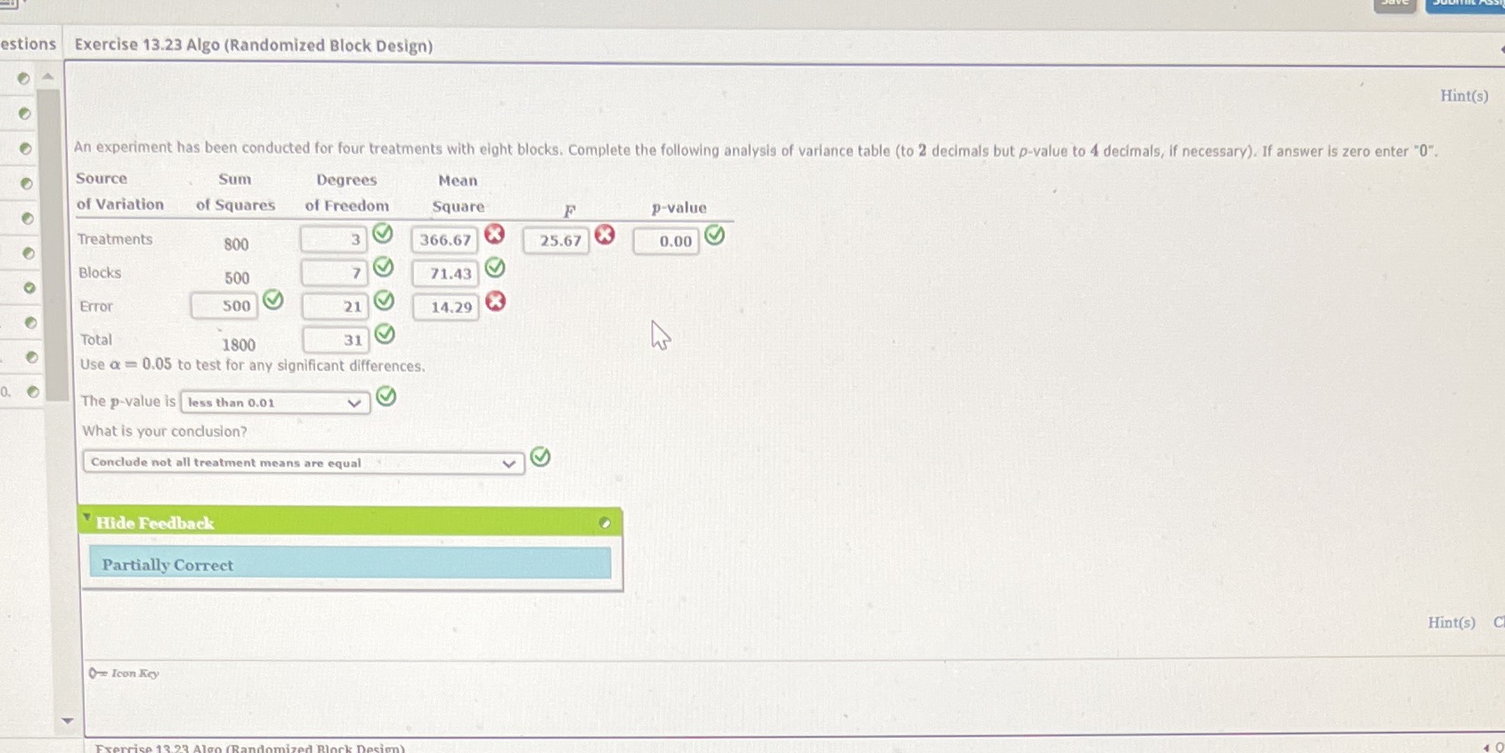 been conducted for four treatments with eight blocks. Complete the following analysis