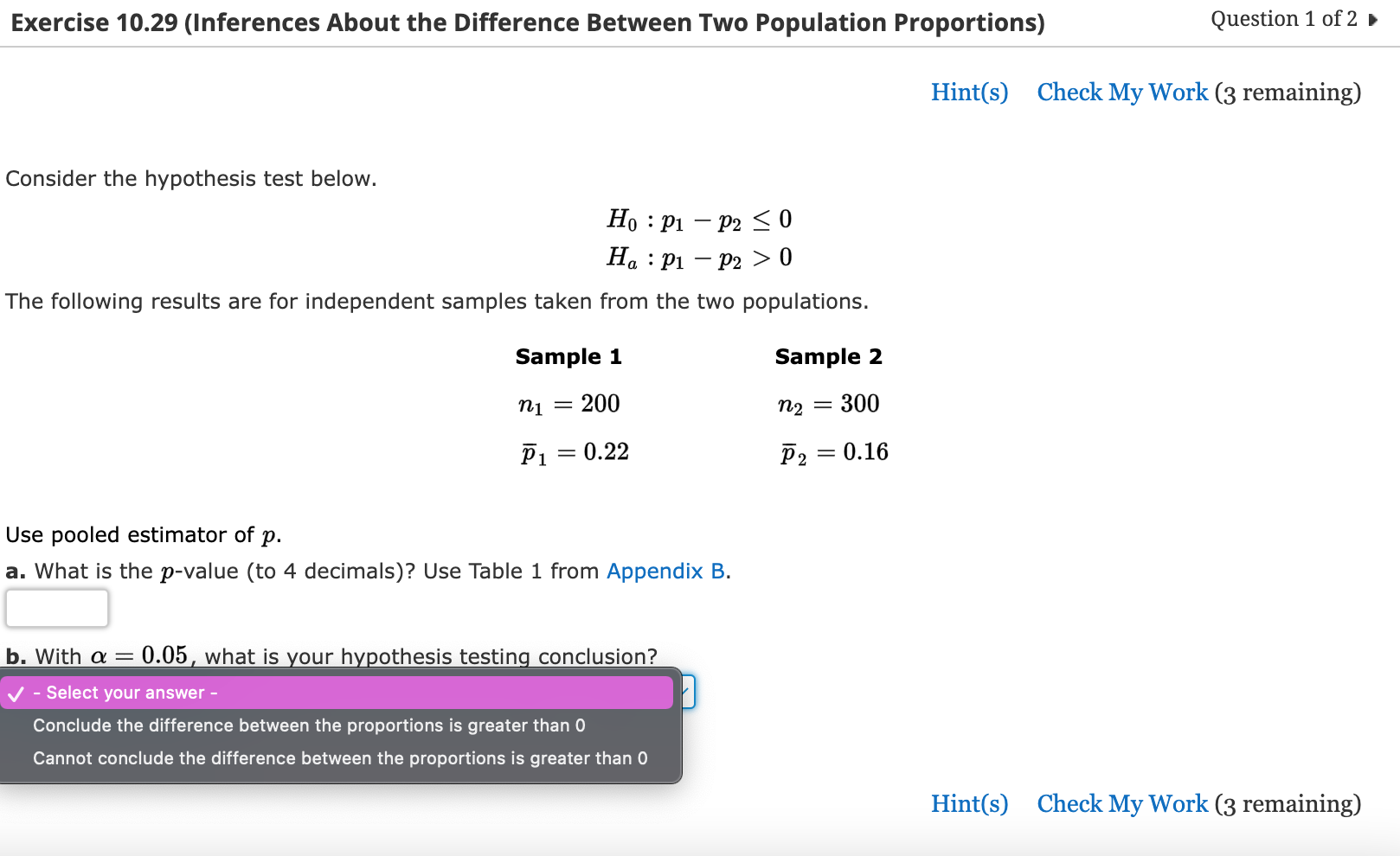  Exercise 10.29 (Inferences About the Difference Between Two Population Proportions) Question